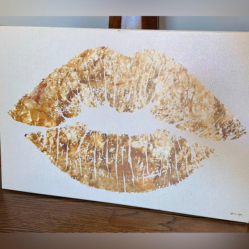 OLIVER GAL Gold Lips “Solid Kiss” Canvas Wall Art 24x16